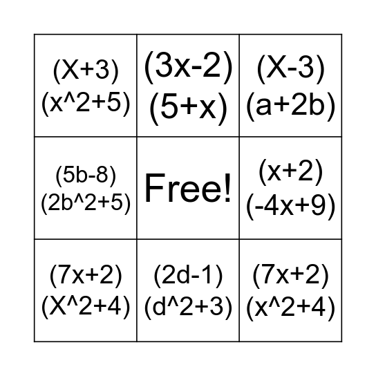 Factoring by Grouping! Bingo Card