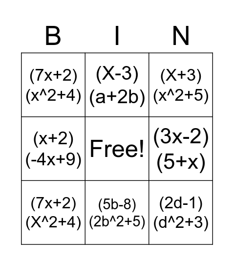 Factoring by Grouping! Bingo Card