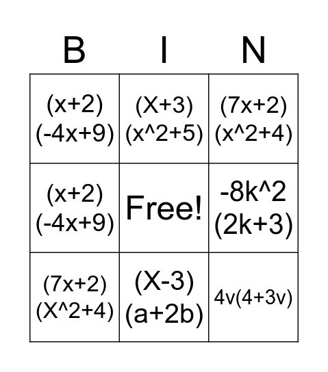 Factoring by Grouping! Bingo Card