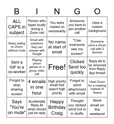 Craig's birthday BINGO - Work edition Bingo Card