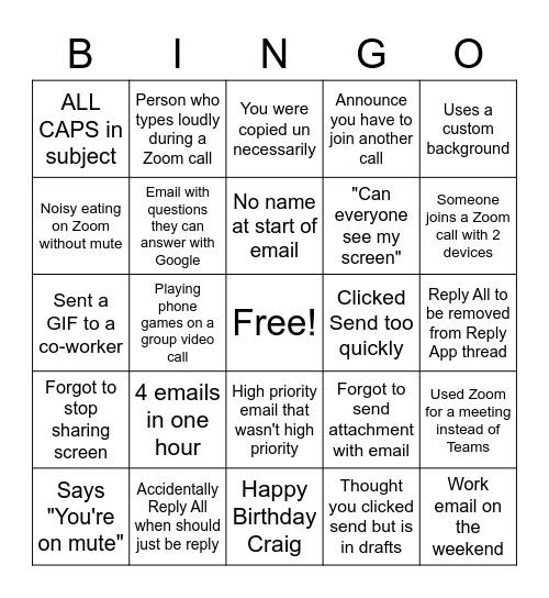 Craig's birthday BINGO - Work edition Bingo Card