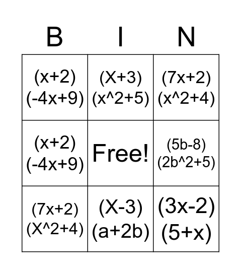 Factoring by Grouping! Bingo Card