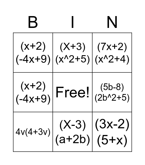 Factoring by Grouping! Bingo Card