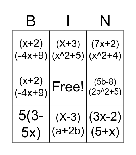 Factoring by Grouping! Bingo Card