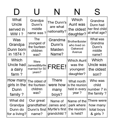 Dunn Family Bingo Card