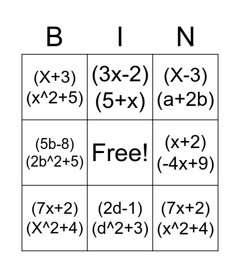 Factoring by Grouping! Bingo Card