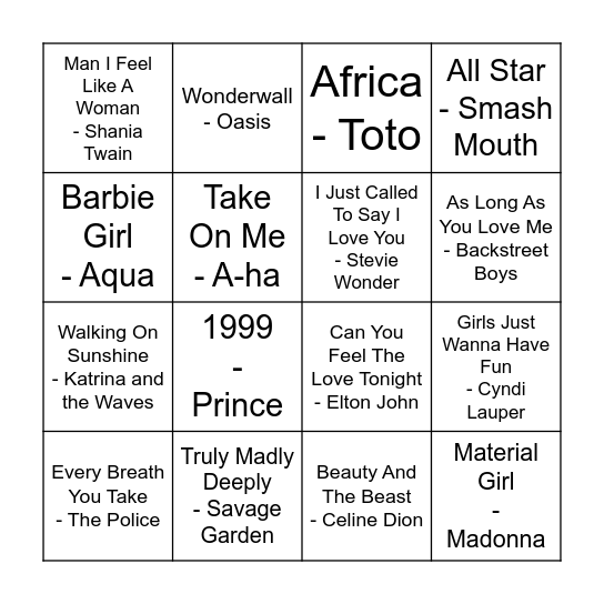 80/90s Music Bingo Card