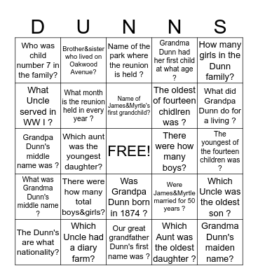 Dunn Family Bingo Card