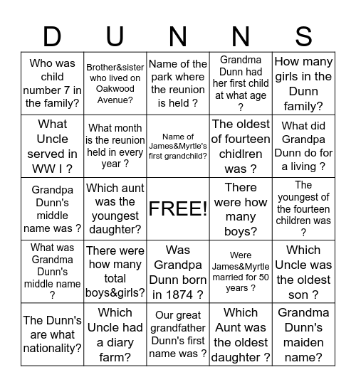 Dunn Family Bingo Card
