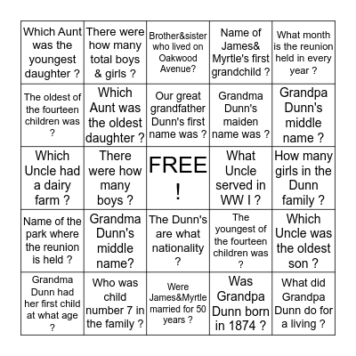 Dunn Family Bingo  Bingo Card