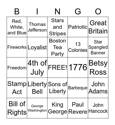 Fireworks and Sparklers Bingo Card