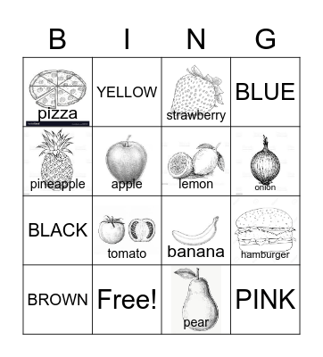 ENGLISH FOOD and COLORS BINGO Card