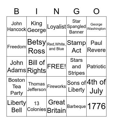 Fireworks and Sparklers Bingo Card