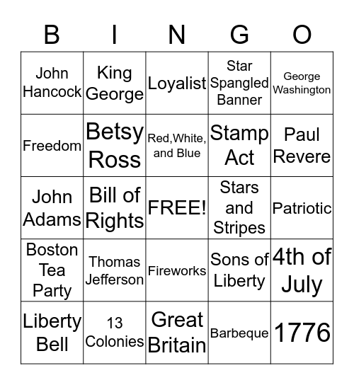 Fireworks and Sparklers Bingo Card