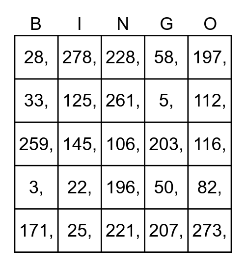 Numbers 0-250 Bingo Card