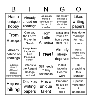 Regent Winter '22 Orientation Bingo Card