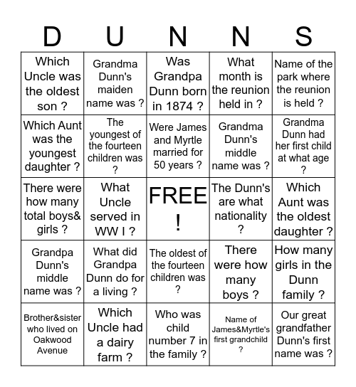 Dunn Family Bingo  Bingo Card
