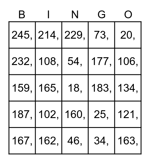 Numbers 1-250 Bingo Card