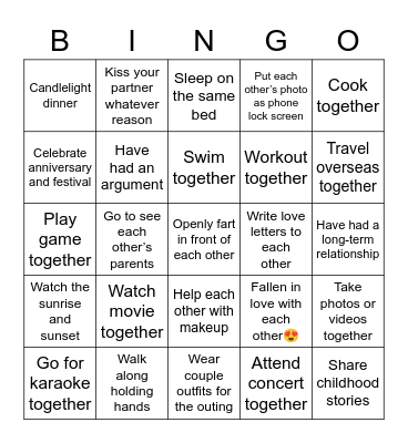 Relationship Bingo Card