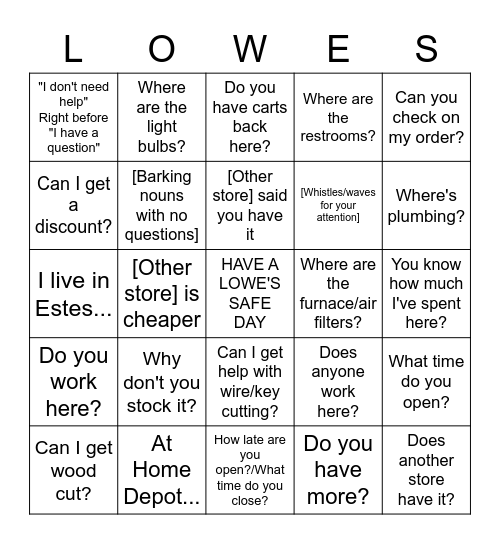Lowe's Bingo 2.0 Bingo Card