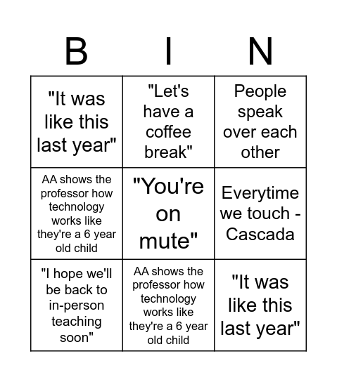 COE Webex Bingo Card