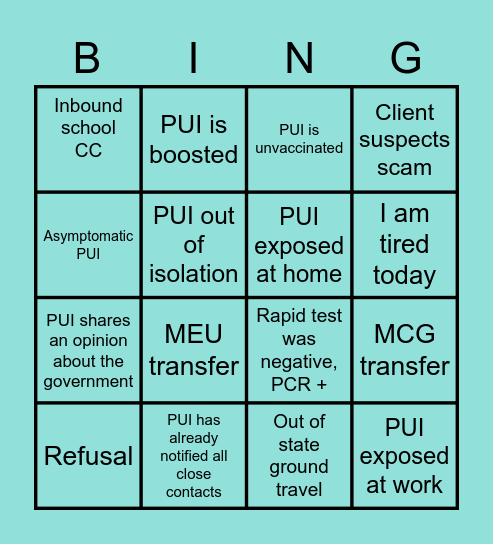 Contact Tracing Bingo Card