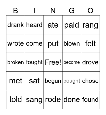 Non regular past tense verbs Bingo Card