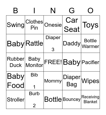 Nez Baby Shower Bingo Card