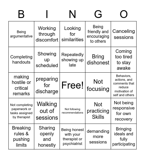 Therapy Helping or Hindering Bingo Card