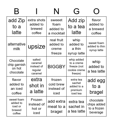 Biggby Upsell Bingo Card