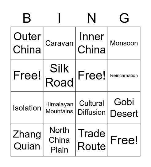 Unit 5: China BING Bingo Card