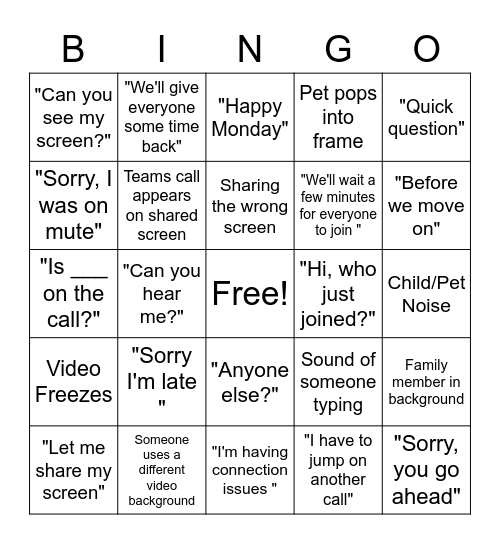 Microsoft Teams Bingo Card