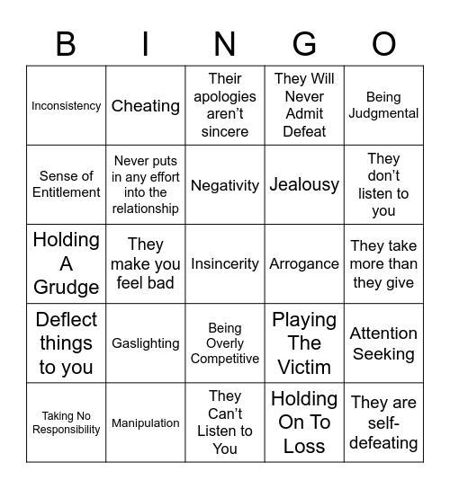 Toxic Traits Bingo Card