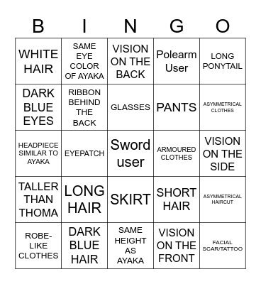 Kamisato Ayato Model Reveal Bingo Card