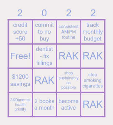 Sam's Goals Bingo Card