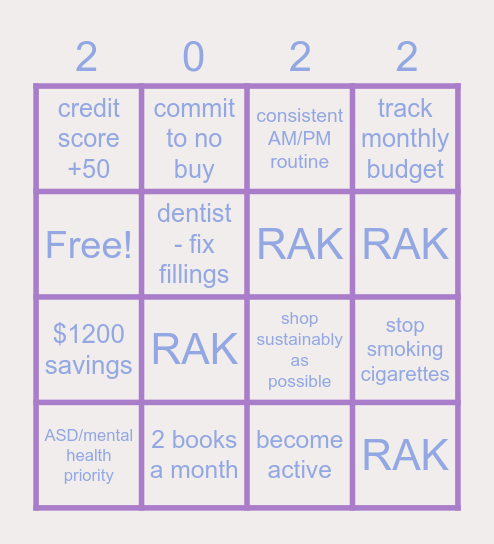Sam's Goals Bingo Card