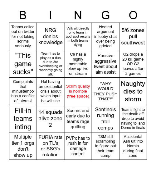 NA Playoff Scrims Bingo Card