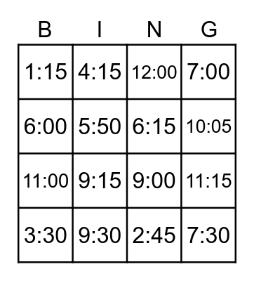 Telling Time Bingo Card