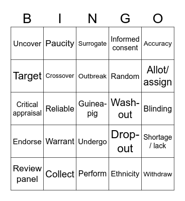 'LCA' vocabulary bingo Card