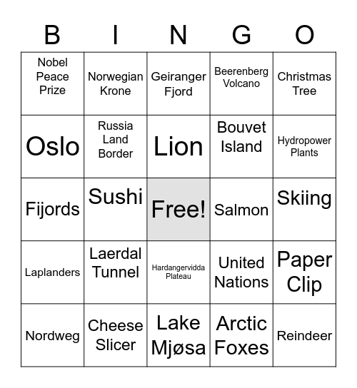 Norway Bingo Game Bingo Card