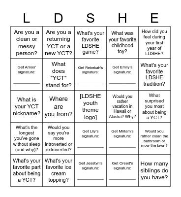 YCT Bingo ~ LDSHE 2022 Bingo Card