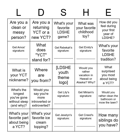 YCT Bingo ~ LDSHE 2022 Bingo Card