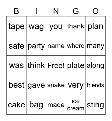 Letterland Unit 16 Bingo Card