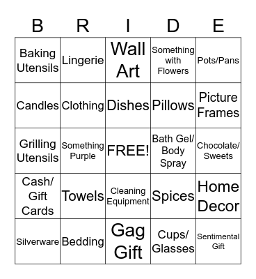 Bridal Shower Gift Bingo Card