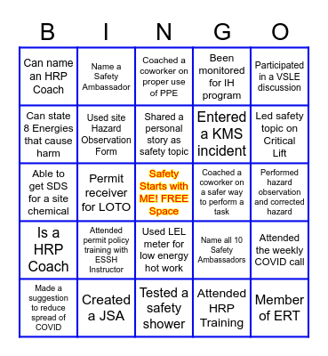 2022 Safety Bingo Card