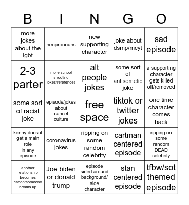 season 25 of South Park bingo checklist Bingo Card