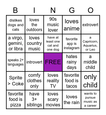 GET TO KNOW ME Bingo Card