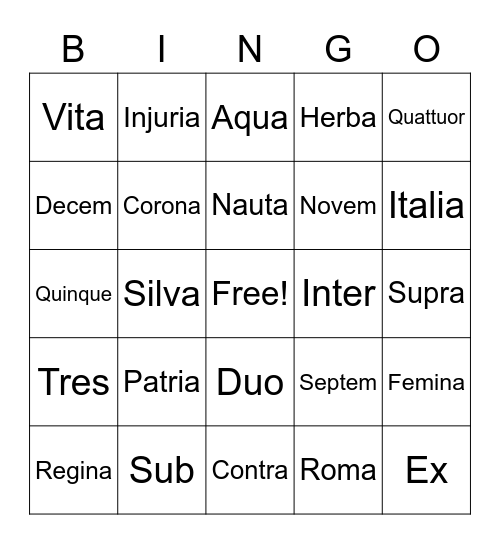 Latin bingo Card