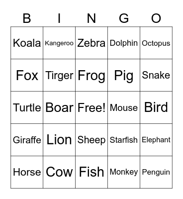 Animal Bingo Card
