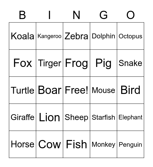 Animal Bingo Card